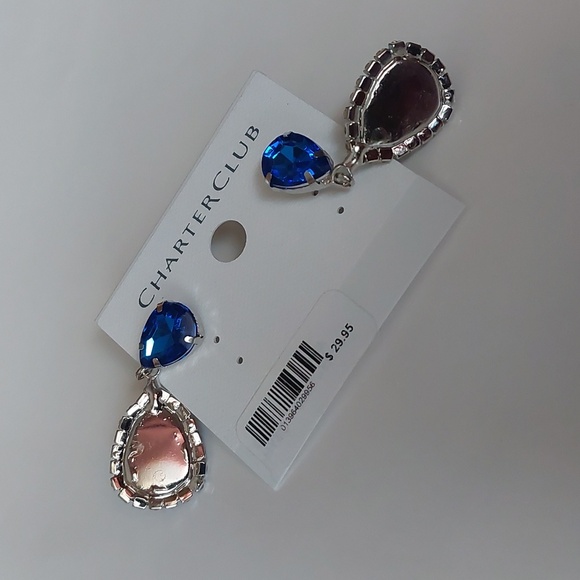 Charter Club Faux Sapphire Blue Rhinestone Teardrop Drop Earrings - Picture 4 of 5